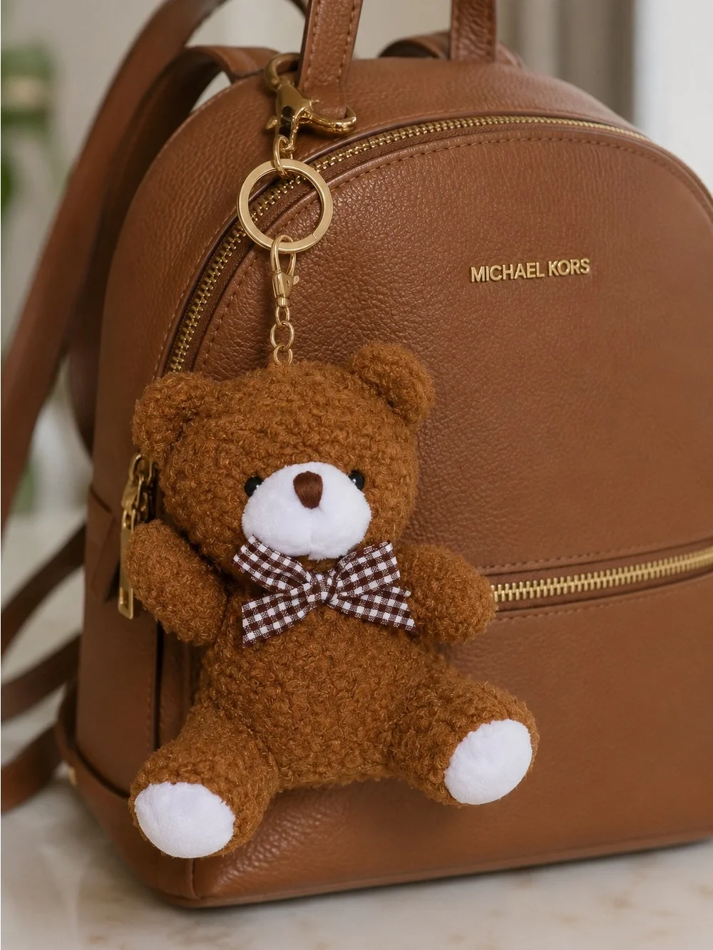 Teddy Bear Plush Bag Charm & Keychain | Brown Gingham Bow | 5” NWT 🧸✨